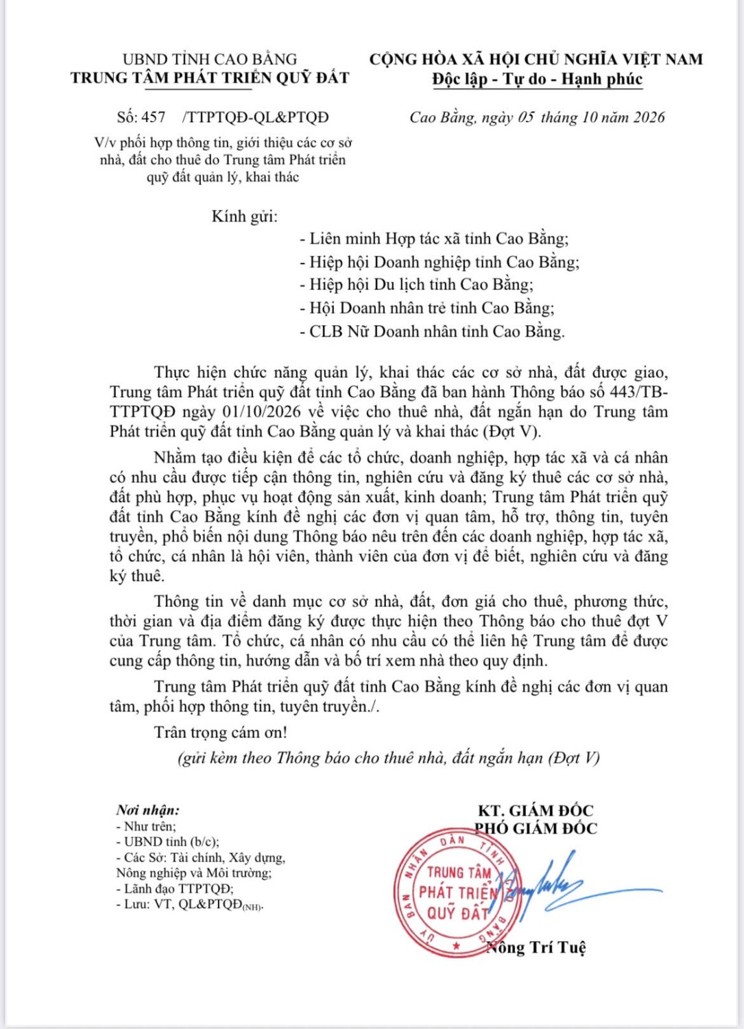 Công văn về việc cho thuê nhà, đất ngắn hạn do Trung tâm Phát triển quỹ đất tỉnh Cao Bằng quản lý và khai thác (Đợt V)