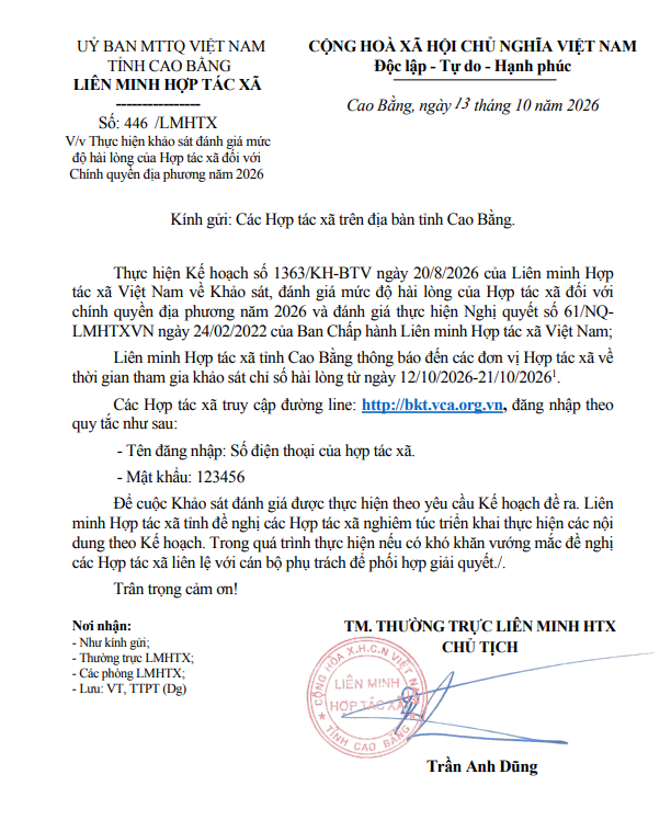 Về việc Thực hiện khảo sát đánh giá mức độ hài lòng của Hợp tác xã đối với Chính quyền địa phương năm 2026